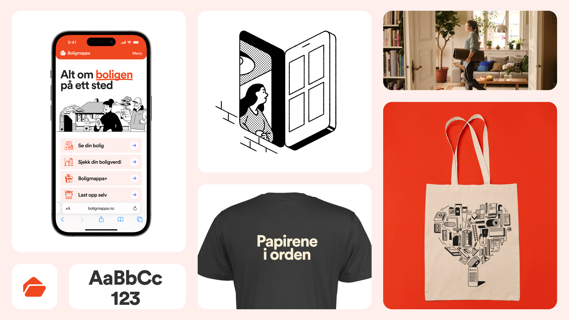 Boligmappa — visual identity across digital design, illustration and merchandise