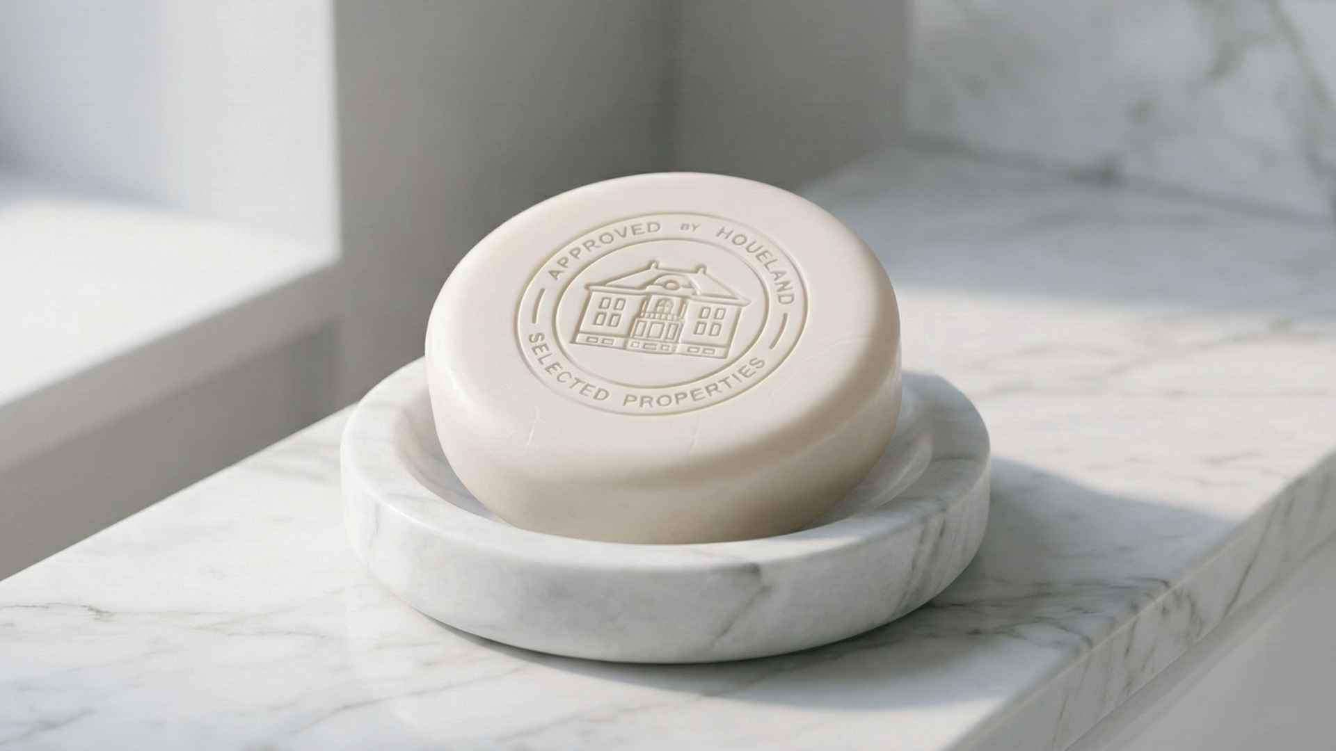 Houeland — embossed seal on soap in a marble dish