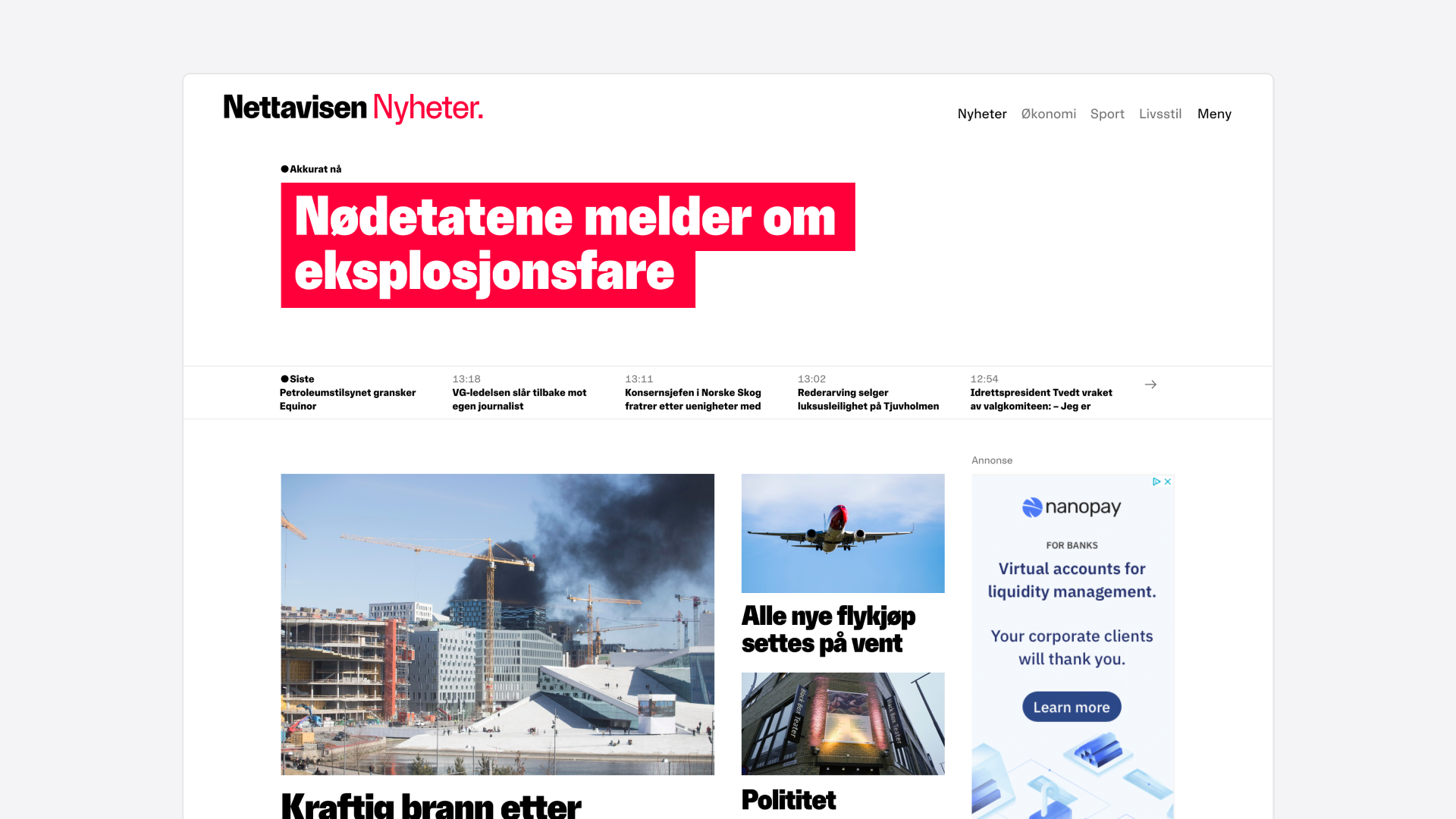 Nettavisen news section with breaking-news headlines