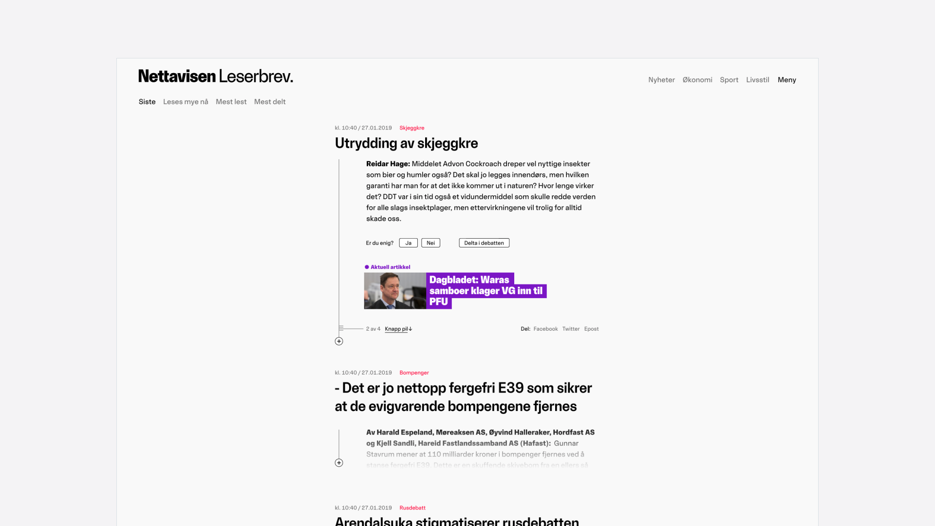 Nettavisen reader letters and opinion article layout